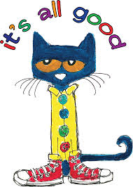 Blue cat sitting, wearing a yellow raincoat with colorful buttons and red high-top shoes